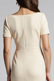 Sparkly Beaded Champagne Ruched Midi Work Dress with Slit