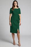 Sparkly Beaded Champagne Ruched Midi Work Dress with Slit