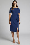 Sparkly Beaded Champagne Ruched Midi Work Dress with Slit