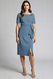 Sparkly Beaded Champagne Ruched Midi Work Dress with Slit
