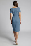 Sparkly Beaded Champagne Ruched Midi Work Dress with Slit