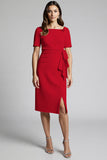 Sparkly Beaded Champagne Ruched Midi Work Dress with Slit