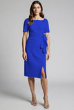 Sparkly Beaded Champagne Ruched Midi Work Dress with Slit