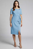 Sparkly Beaded Champagne Ruched Midi Work Dress with Slit