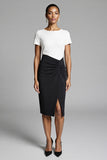 Black Round Neck Short Sleeves Ruched Midi Work Dress With Slit