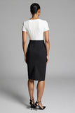 Black Round Neck Short Sleeves Ruched Midi Work Dress With Slit