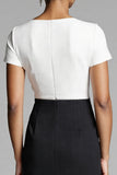 Black Round Neck Short Sleeves Ruched Midi Work Dress With Slit
