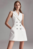 Ivory Satin A Line Peak Lapel Double Breasted Short Work Blazer Dress