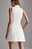 Ivory Satin A Line Peak Lapel Double Breasted Short Work Blazer Dress