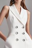 Ivory Satin A Line Peak Lapel Double Breasted Short Work Blazer Dress