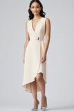 Champagne Satin V-Neck Sheath Long Work Blazer Dress with Belt