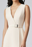 Champagne Satin V-Neck Sheath Long Work Blazer Dress with Belt