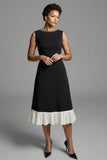 Sparkly Black and White Beaded Satin A Line Long Work Dress with Ruffles