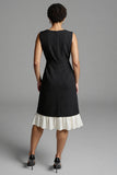 Sparkly Black and White Beaded Satin A Line Long Work Dress with Ruffles