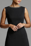 Sparkly Black and White Beaded Satin A Line Long Work Dress with Ruffles