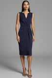 Navy Bodycon Ruched V-Neck Satin Midi Work Dress