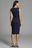 Navy Bodycon Ruched V-Neck Satin Midi Work Dress