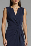 Navy Bodycon Ruched V-Neck Satin Midi Work Dress