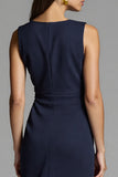 Navy Bodycon Ruched V-Neck Satin Midi Work Dress