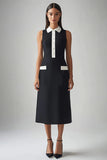 Black and White Satin Sheath Collar Neck Long Work Dress
