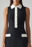 Black and White Satin Sheath Collar Neck Long Work Dress
