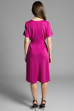 Fuchsia Satin V-Neck Ruched Midi Work Dress with Sleeves