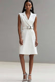 Ivory Satin Notched Lapel Midi Work Blazer Dress with Belt