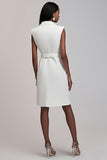 Ivory Satin Notched Lapel Midi Work Blazer Dress with Belt