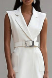 Ivory Satin Notched Lapel Midi Work Blazer Dress with Belt