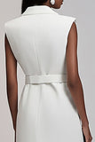 Ivory Satin Notched Lapel Midi Work Blazer Dress with Belt