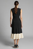 Black Satin A Line Jewel Neck Midi Work Dress with Ruffles