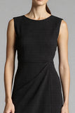 Black Satin A Line Jewel Neck Midi Work Dress with Ruffles