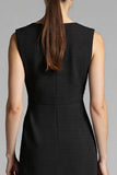 Black Satin A Line Jewel Neck Midi Work Dress with Ruffles