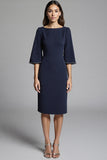 Navy Satin Bodycon Midi Work Dress with Sleeves