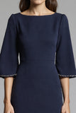 Navy Satin Bodycon Midi Work Dress with Sleeves