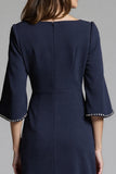 Navy Satin Bodycon Midi Work Dress with Sleeves
