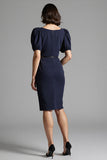 Sparkly Navy Bodycon Short Sleeves Square Neck Midi Work Dress with Belt