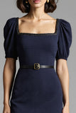 Sparkly Navy Bodycon Short Sleeves Square Neck Midi Work Dress with Belt