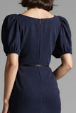 Sparkly Navy Bodycon Short Sleeves Square Neck Midi Work Dress with Belt