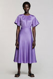 Purple Satin A Line Long Work Dress with Sleeves