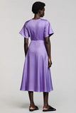Purple Satin A Line Long Work Dress with Sleeves
