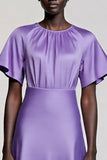 Purple Satin A Line Long Work Dress with Sleeves