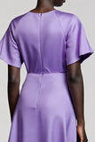 Purple Satin A Line Long Work Dress with Sleeves