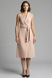 Champagne Notched Lapel Bodycon Midi Work Dress with Sash