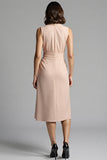 Champagne Notched Lapel Bodycon Midi Work Dress with Sash