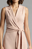 Champagne Notched Lapel Bodycon Midi Work Dress with Sash