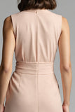 Champagne Notched Lapel Bodycon Midi Work Dress with Sash