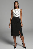 Ivory and Black Boat Neck Polka Dots Midi Work Dress with Slit