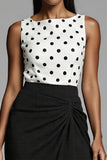 Ivory and Black Boat Neck Polka Dots Midi Work Dress with Slit