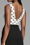 Ivory and Black Boat Neck Polka Dots Midi Work Dress with Slit